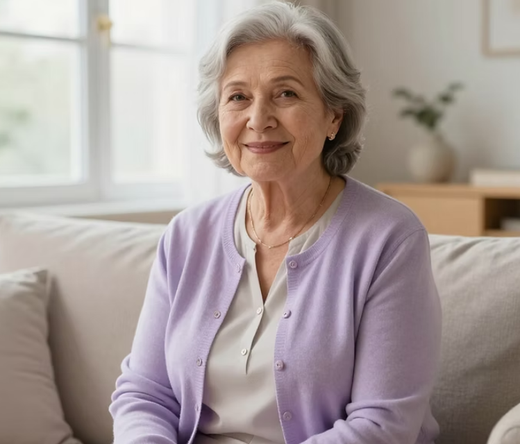 A smiling elderly woman feeling comfortable and cared for at home